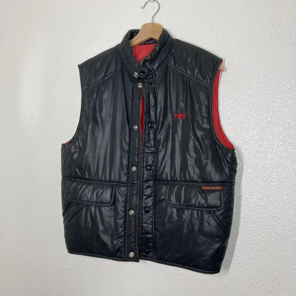 Sergio Valente Vest Mens Large Black Puffer Quilted Dragon Back Embroidered